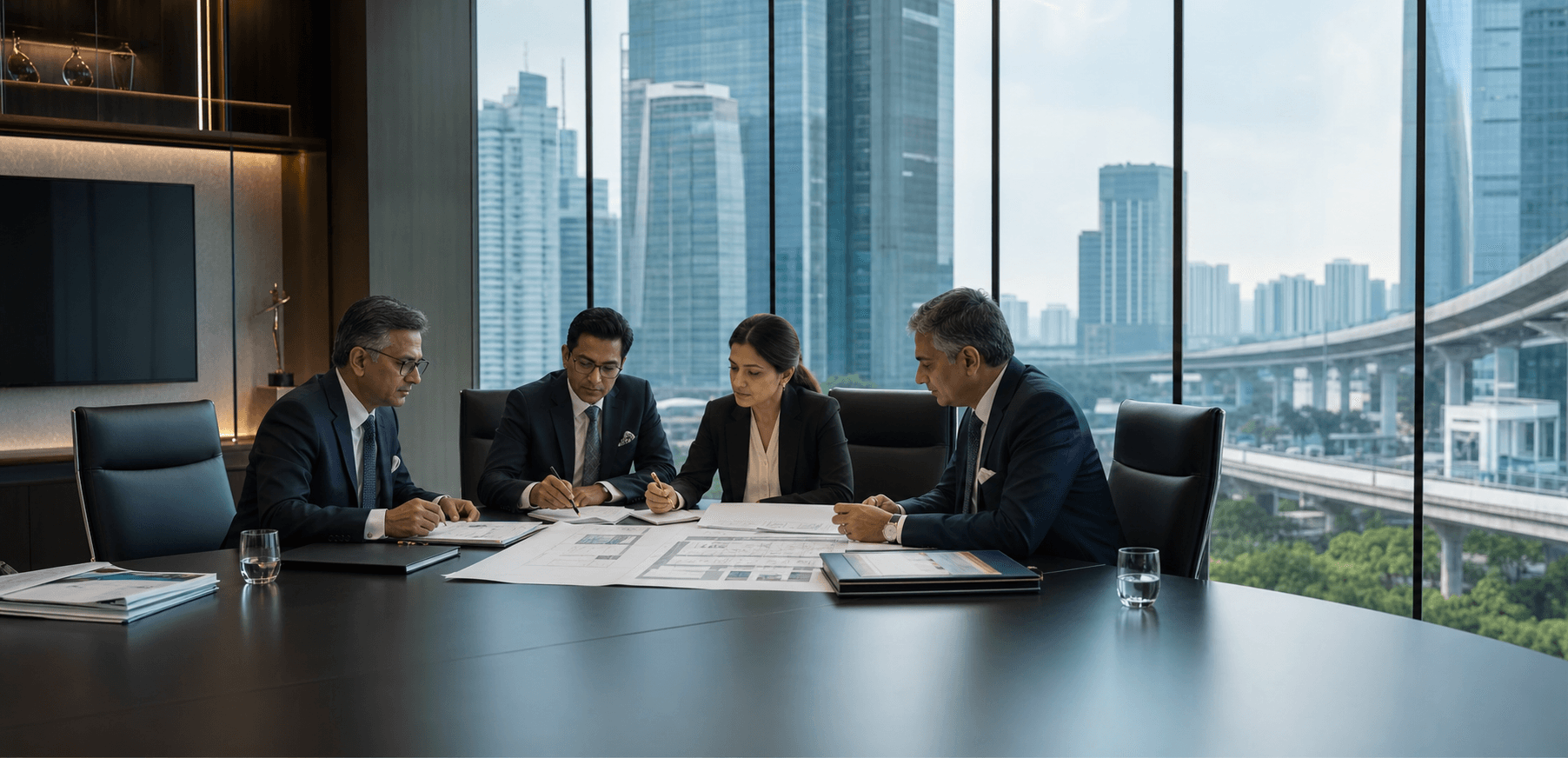 Executives reviewing business, infrastructure, and procurement documents